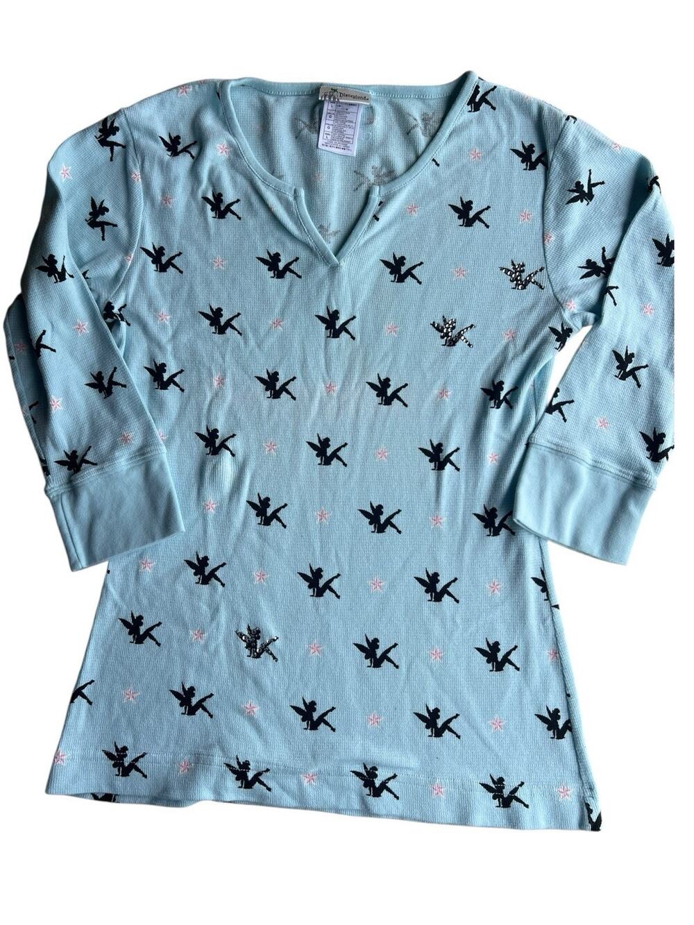 Disneyland Resort Women's Teal Long Sleeve Thermal Waffle Knit Tinker Bell Large
